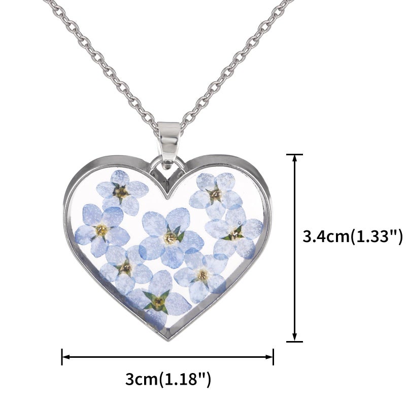 FM FM42 Dried Pressed Blue Forget-me-not Flowers Love Heart Dangle Earrings & Pendant Necklace Jewelry Set - Image 3
